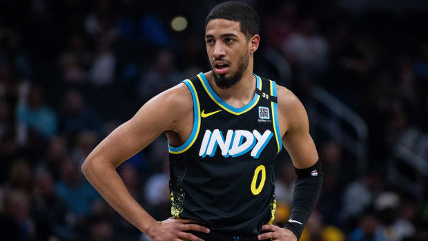 Indiana Pacers guard Tyrese Haliburton looks on in the first half against the Brooklyn Nets.